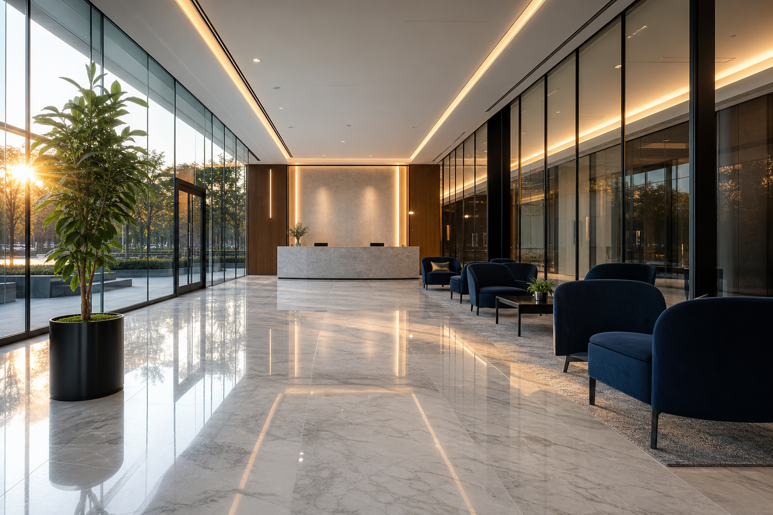 High-end commercial office lobby with polished floors after cleaning