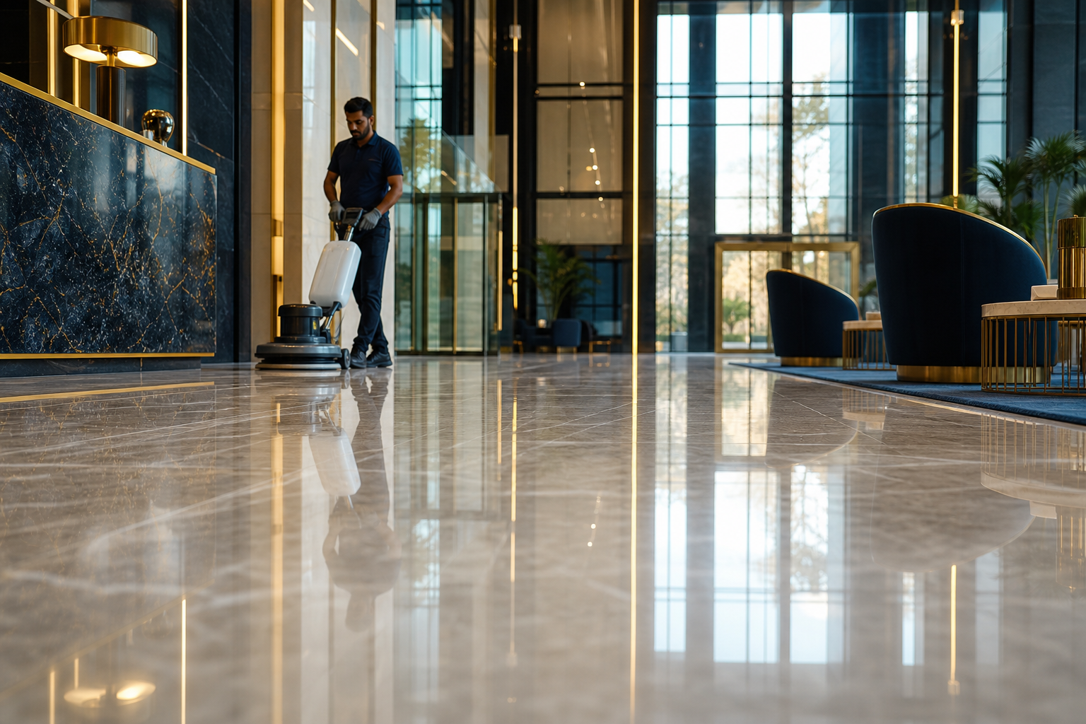 Commercial floor buffing in a polished office lobby