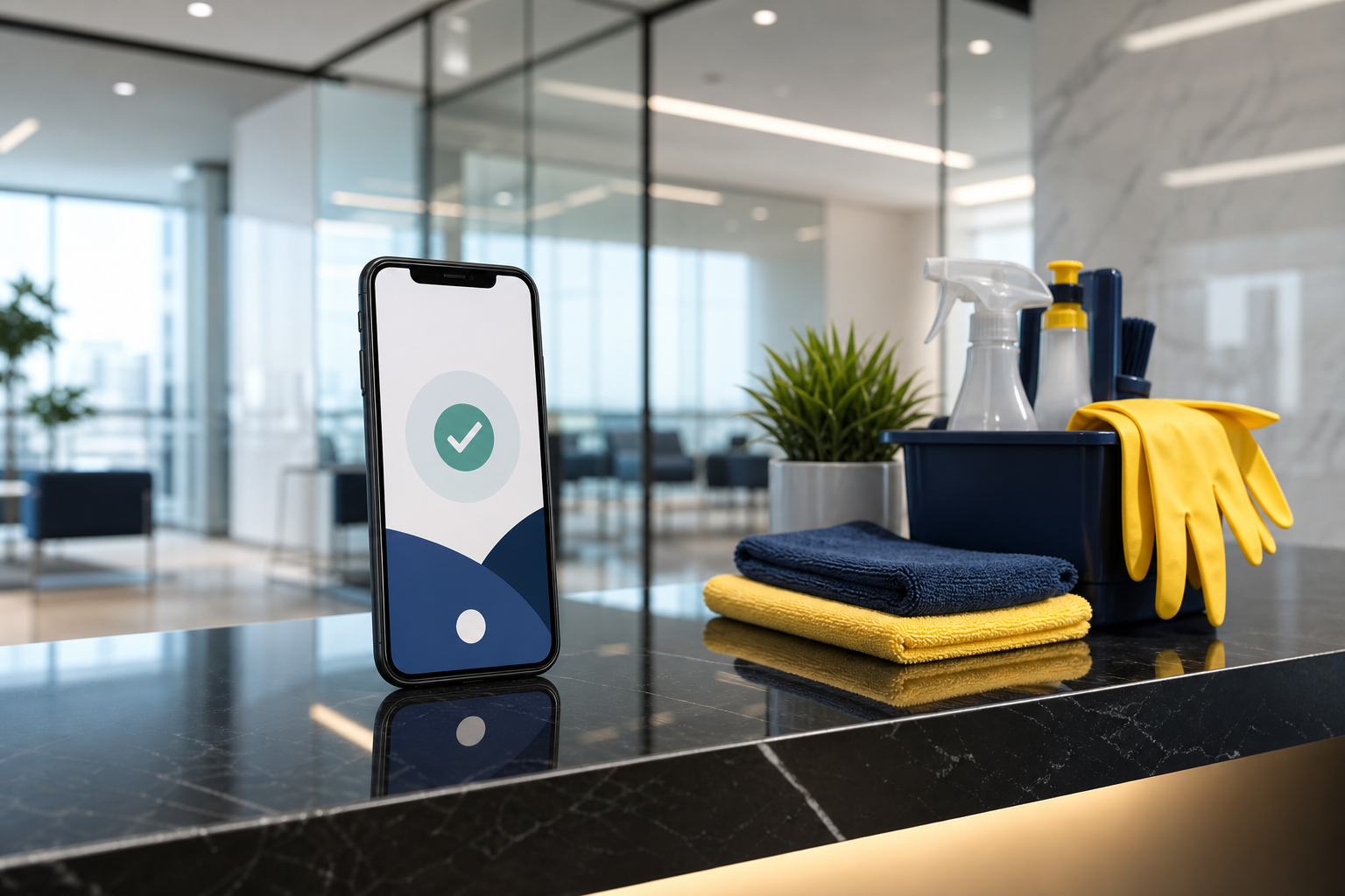Secure online payment with cleaning supplies in a modern office