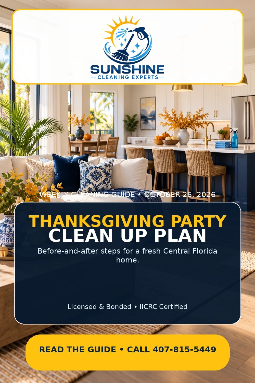 Sunshine Cleaning Experts Thanksgiving party clean up plan dated October 26, 2026